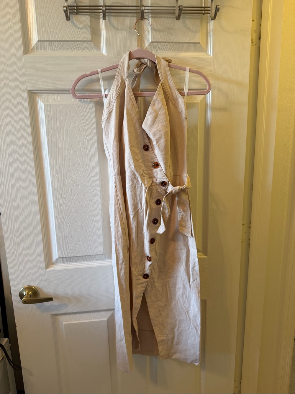 Women’s Beige Halter Midi Dress with Front Buttons and Tie Waist